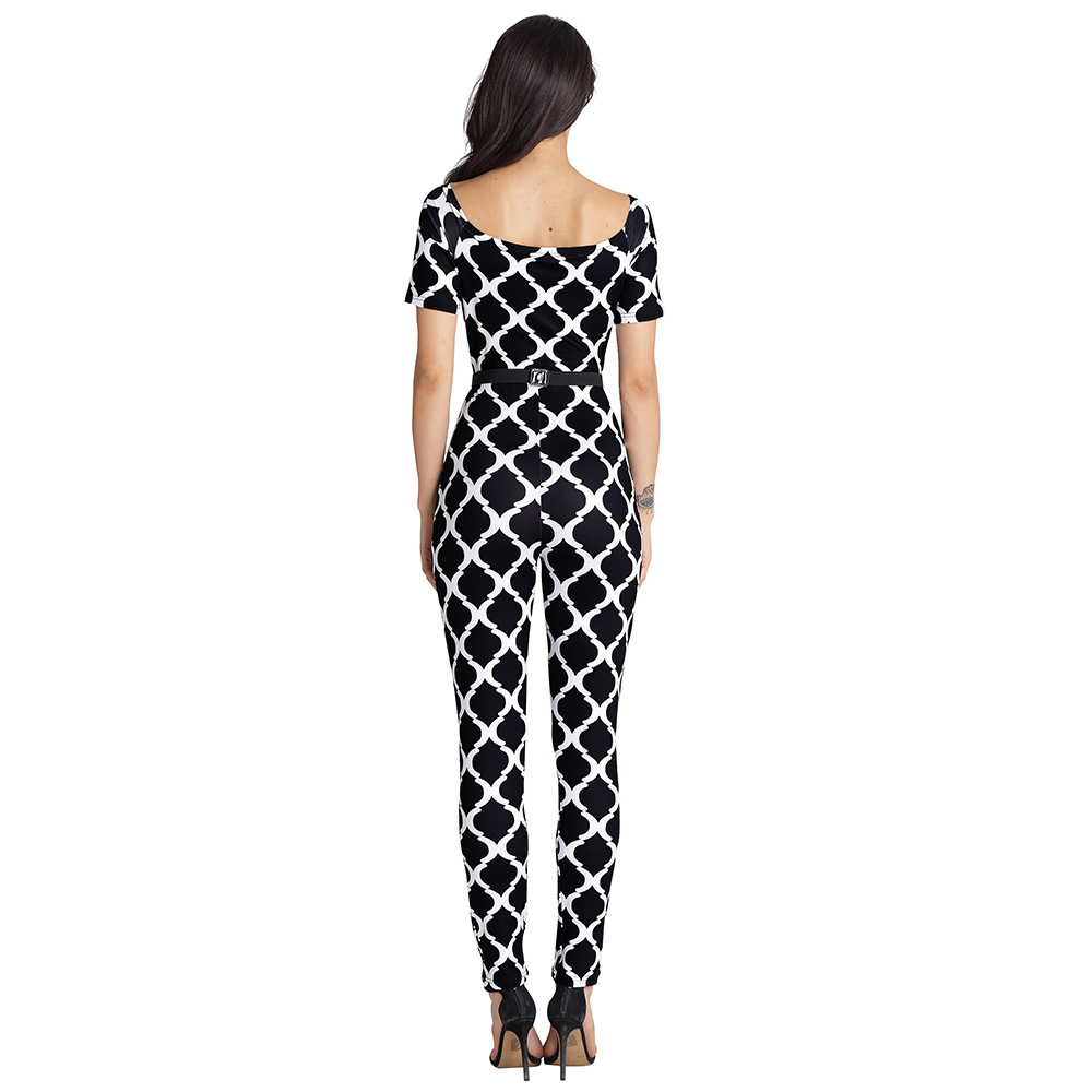F2516-2 Women Jumpsuits Fashion Print Off the Shoulder with Belt